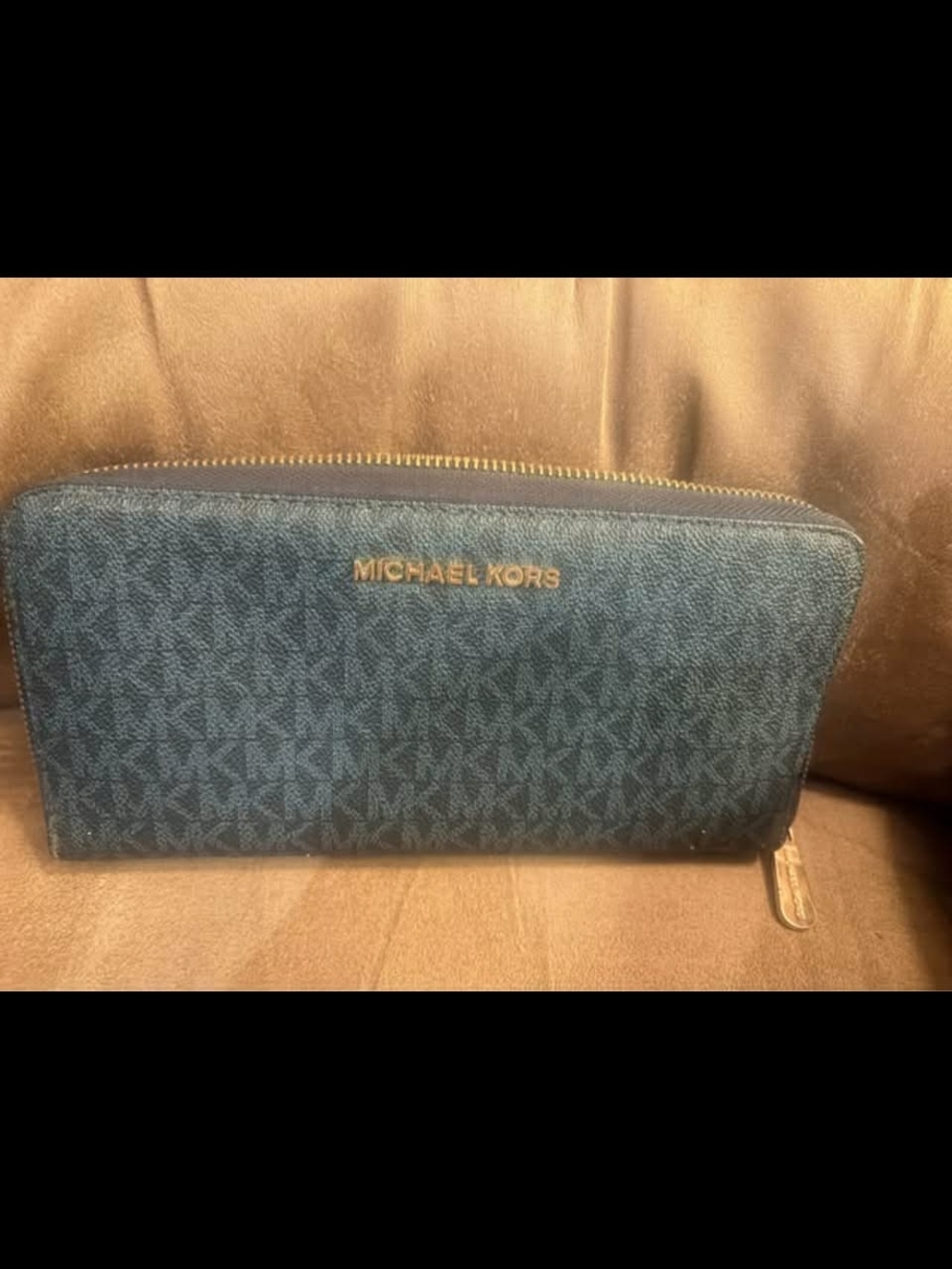 Michael Kors navy blue monogram double zip-around wallet with gold logo